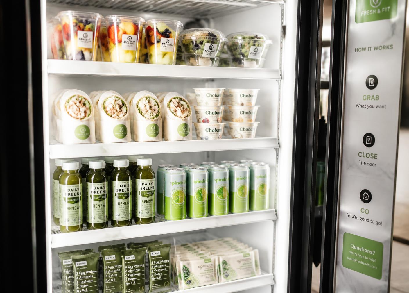 Interior of an InstantVend smart fridge stocked with fresh salads, wraps, fruit cups and cold-pressed juices